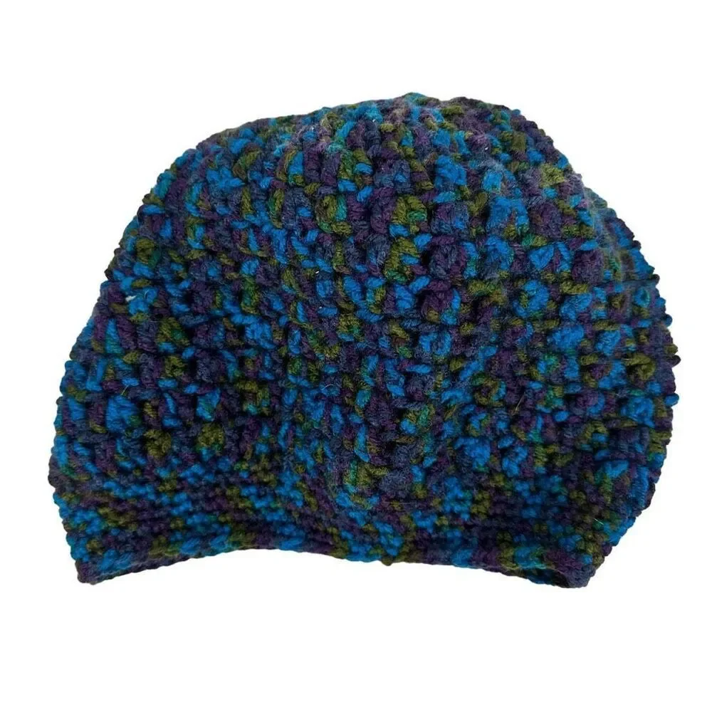 Homemade Knit Beanie Hat Purple Blue Green